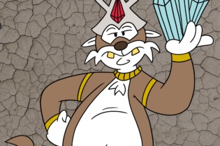 Character illustration of a cat holding quartz