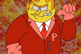 character illustration 'fire' a large person in a red suit with a flame for a face
