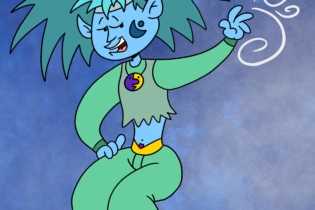 Character illustration of 'wind' a green and blue floating character with arm raised and wind coming from his right hand
